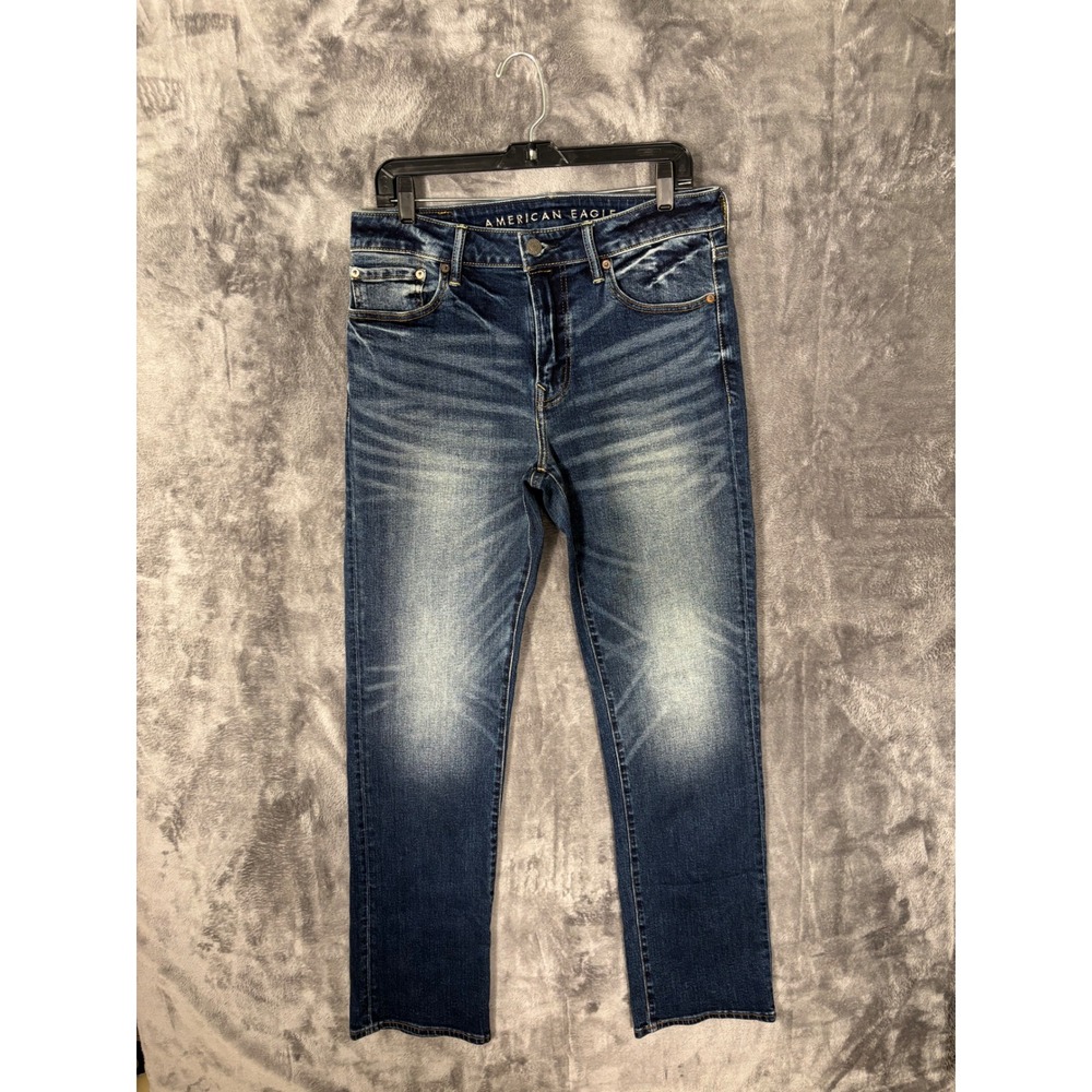 American Eagle Mens Slim Straight Dark Wash Whiskered Denim Jeans 34x32